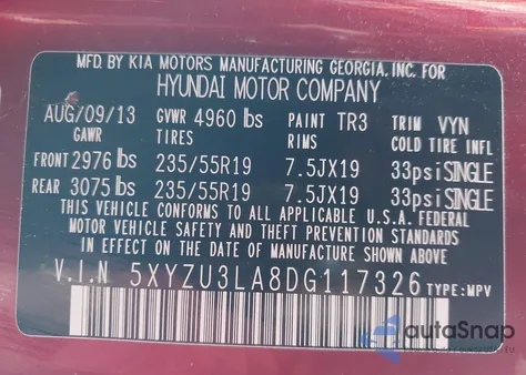 2013 Hyundai Santa Fe Sport 2.0T from USA, damaged, VIN 5XYZU3LA8DG117326